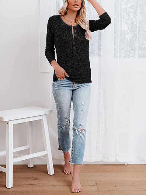 Round Neck Buttoned Long Sleeve T-Shirt | 1mrk.com