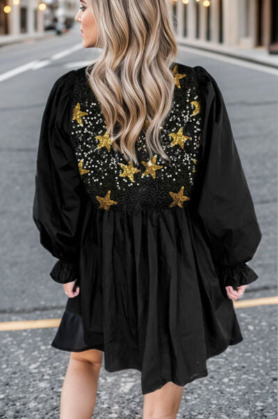 Star Sequin Round Neck Flounce Sleeve Mini Dress |1mrk.com