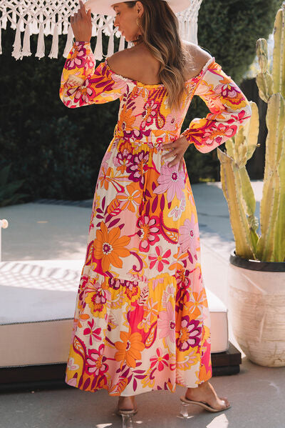 Printed Off-Shoulder Balloon Sleeve Maxi Dress |1mrk.com