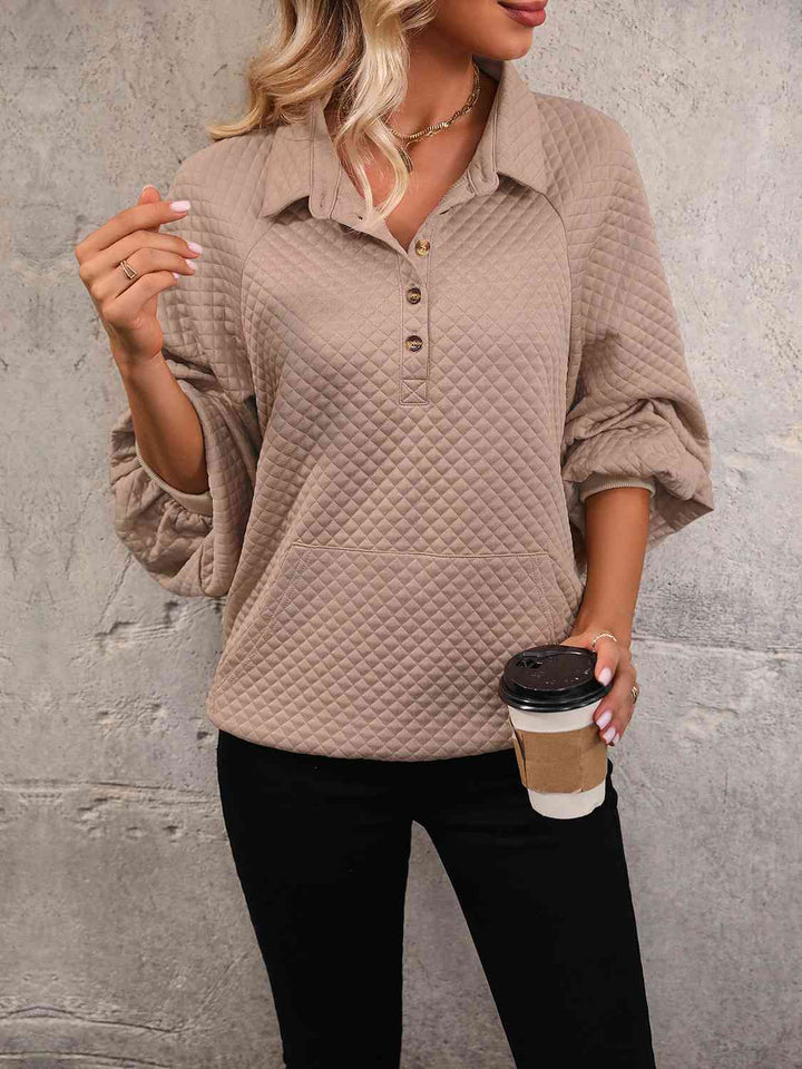 Collared Neck Buttoned Sweatshirt with Pocket |1mrk.com