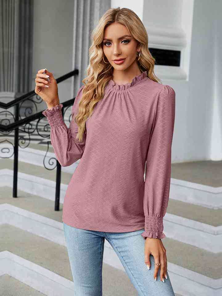 Round Neck Flounce Sleeve Blouse | 1mrk.com