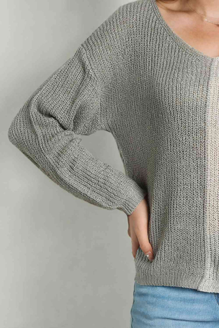 Contrast Color V-Neck Long Sleeve Pullover Sweater |1mrk.com