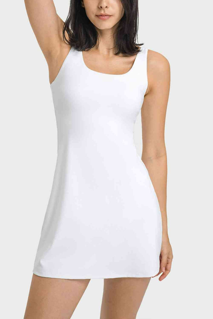 Square Neck Sports Tank Dress with Full Coverage Bottoms |1mrk.com