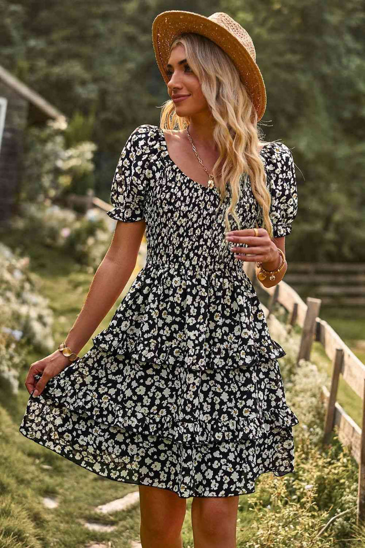 Smocked Sweetheart Neck Flounce Sleeve Mini Dress |1mrk.com