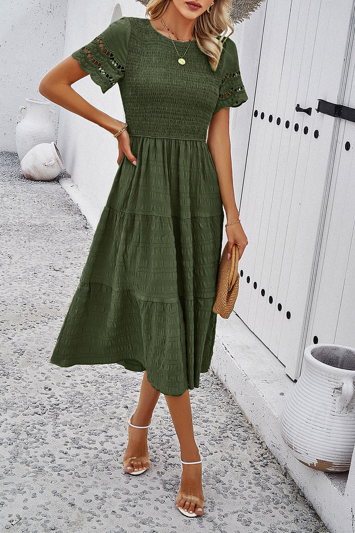 Smocked Round Neck Short Sleeve Midi Dress | Trendsi