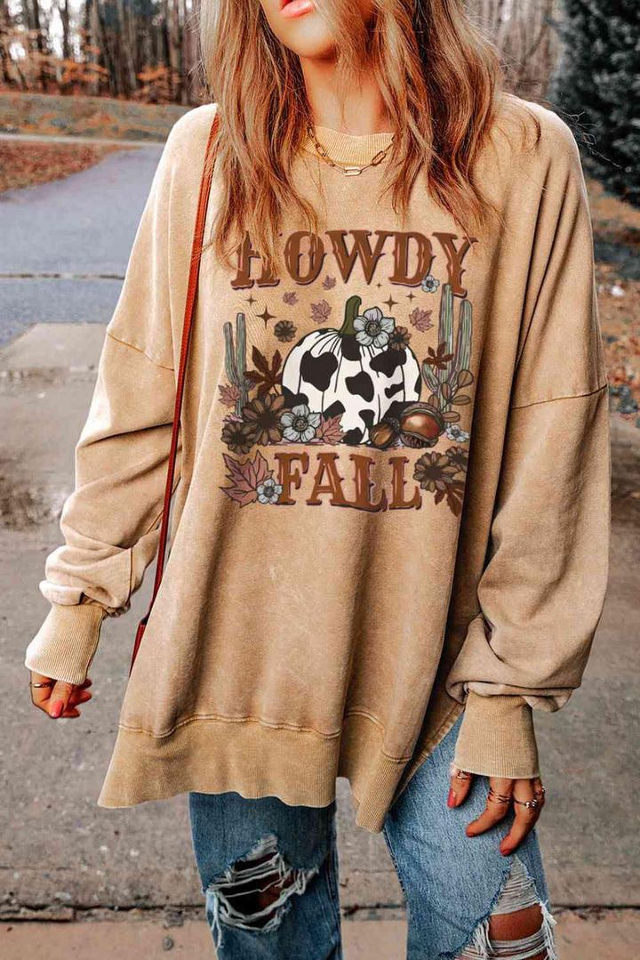 Round Neck Dropped Shoulder HOWDY FALL Graphic Sweatshirt |1mrk.com