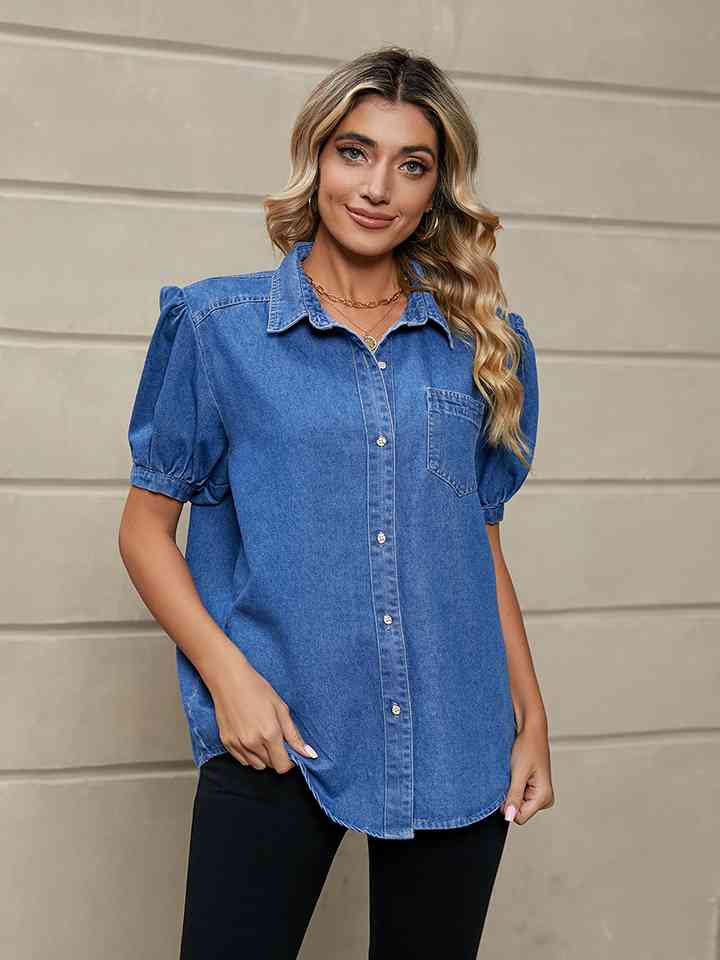 Short Puff Sleeve Denim Shirt Jacket | 1mrk.com