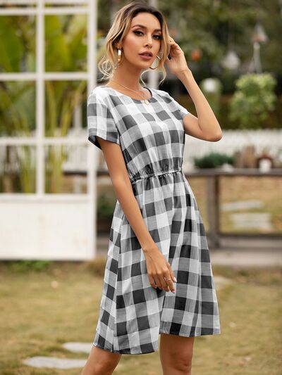 Smocked Plaid Round Neck Short Sleeve Dress | Trendsi