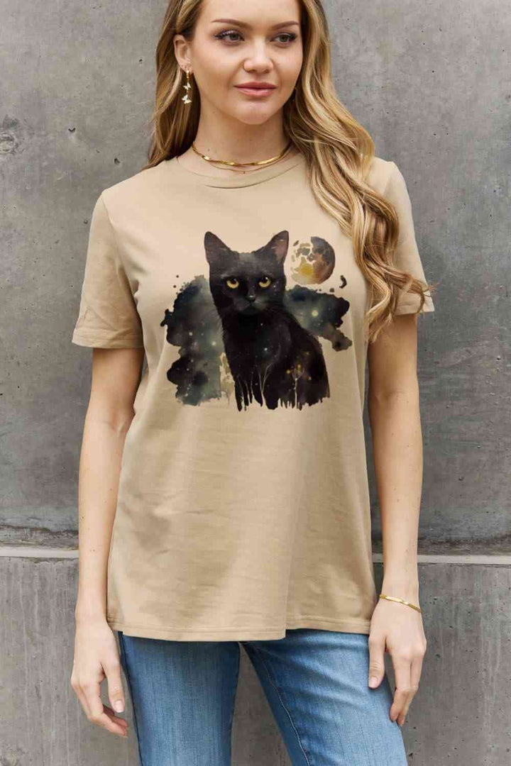 Simply Love Full Size Black Cat Graphic Cotton Tee | 1mrk.com