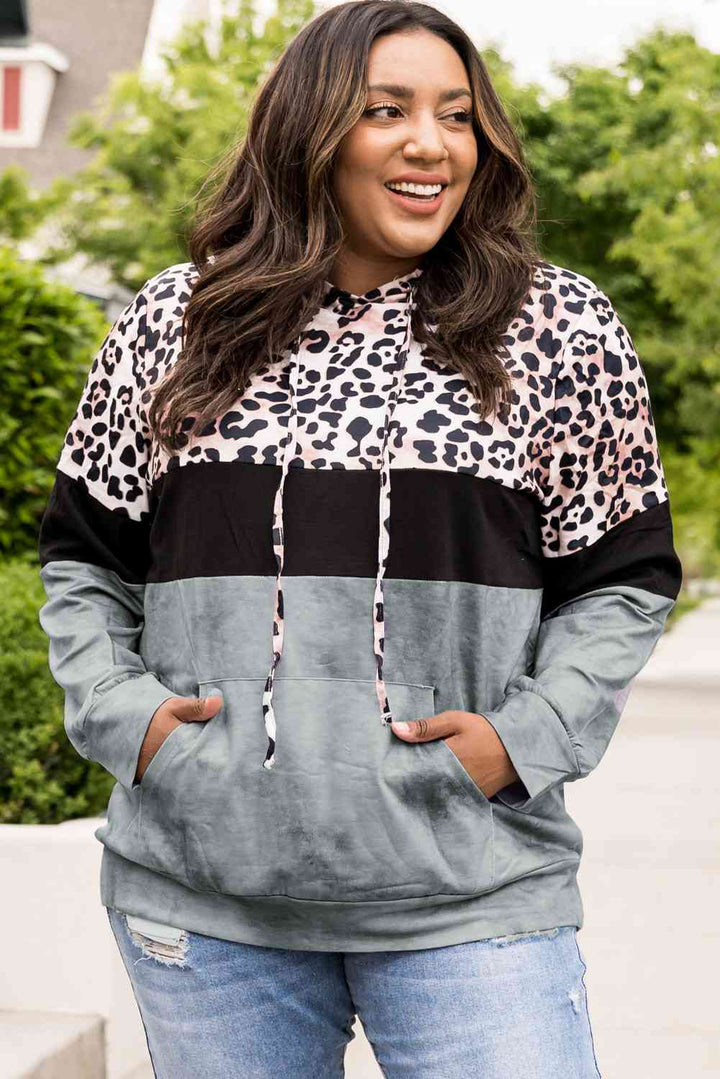 Plus Size Leopard Print Color Block Hoodie with Kangaroo Pocket | 1mrk.com