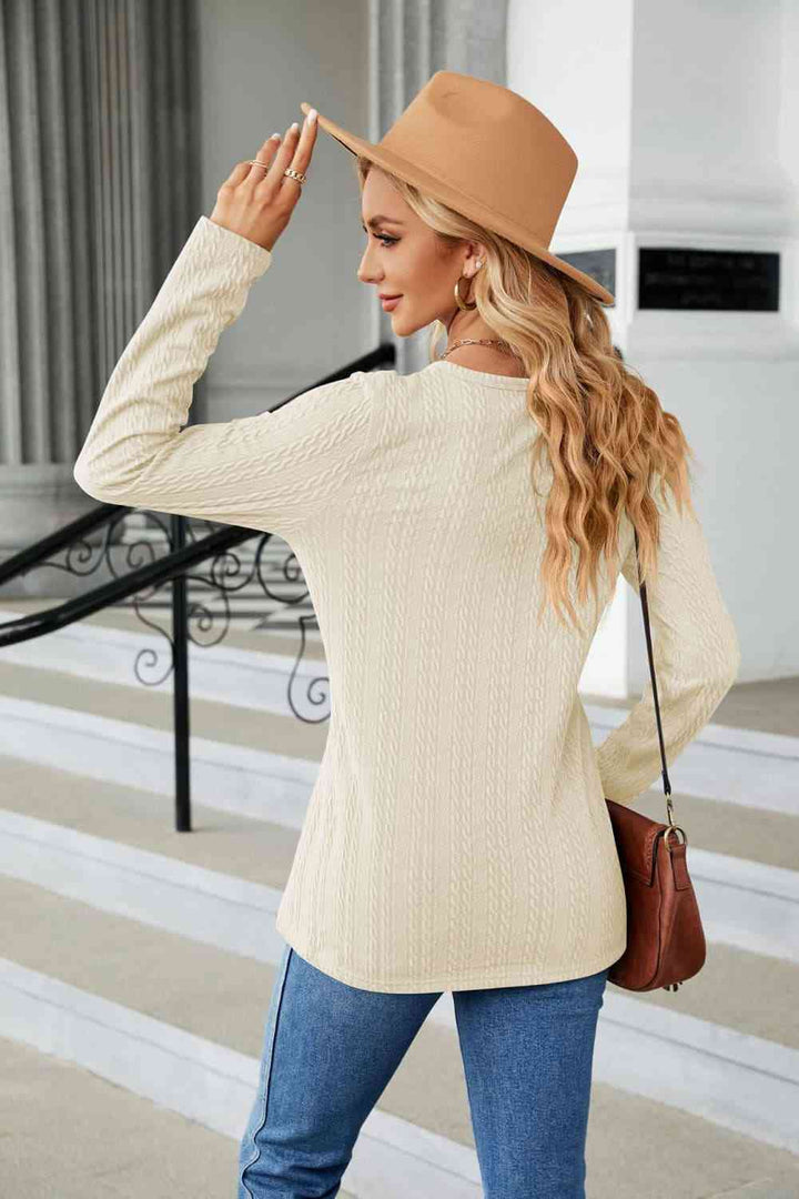 Cable-Knit Long Sleeve V-Neck T-Shirt | 1mrk.com