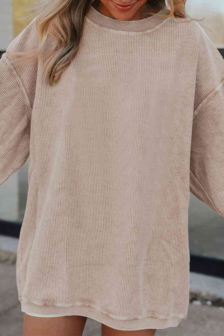 Ribbed Round Neck Drop Shoulder Sweatshirt |1mrk.com