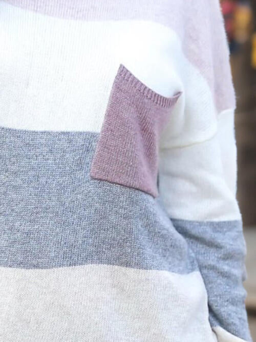 Striped Round Neck Sweater with Pocket | 1mrk.com
