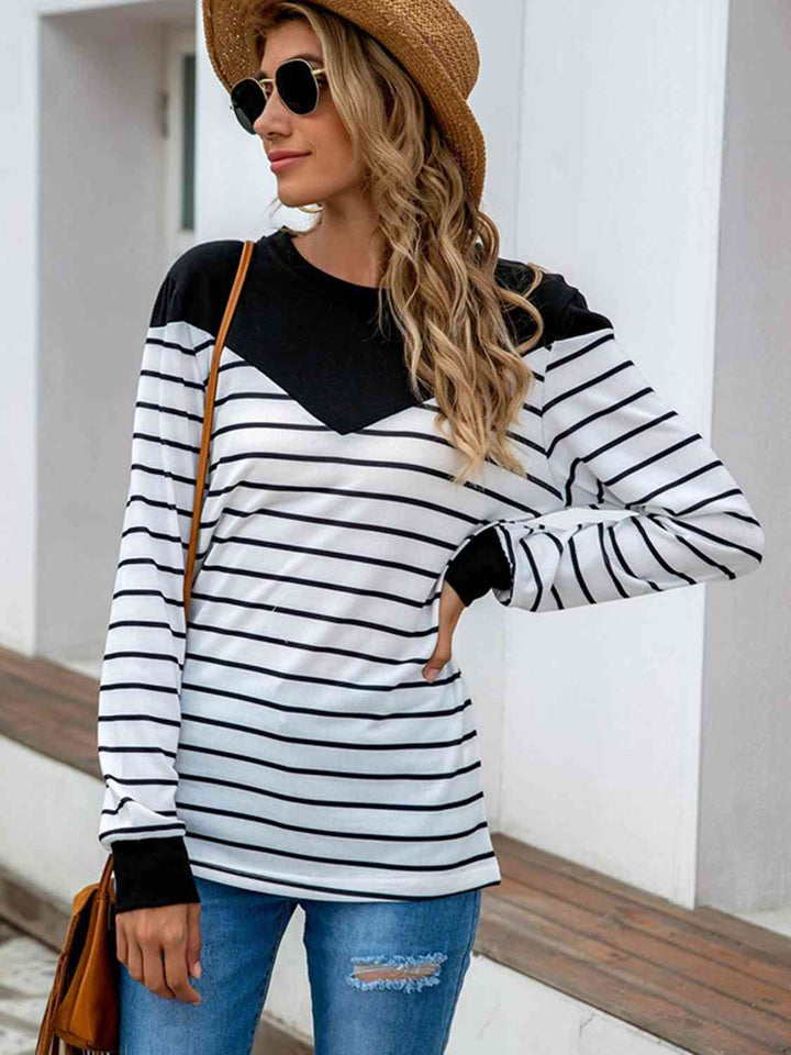 Striped Round Neck Long Sleeve T-Shirt | 1mrk.com