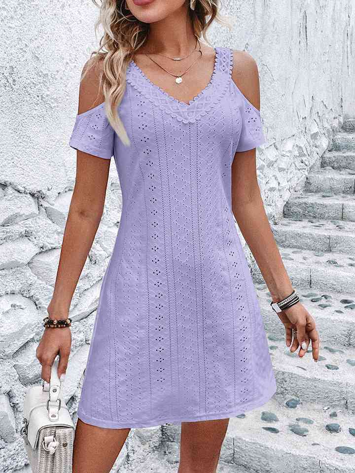 Eyelet V-Neck Cold-Shoulder Dress |1mrk.com