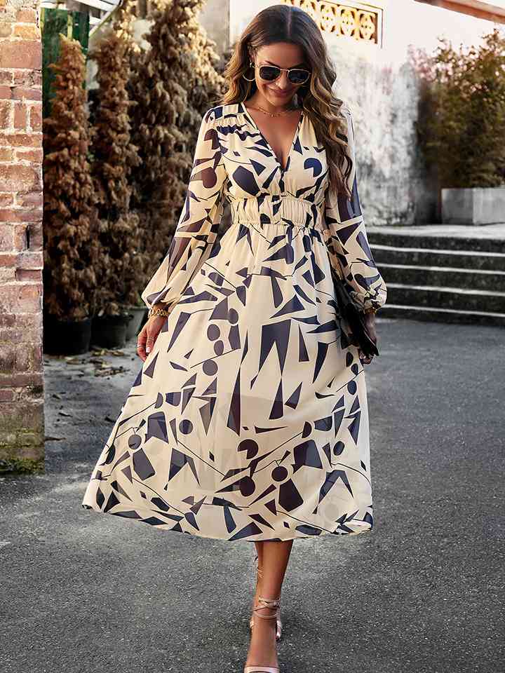 Printed V-Neck Long Sleeve Midi Dress |1mrk.com