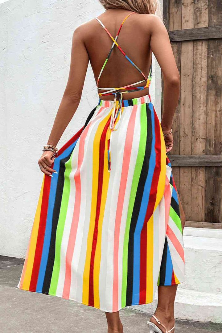 Multicolored Stripe Crisscross Backless Dress |1mrk.com