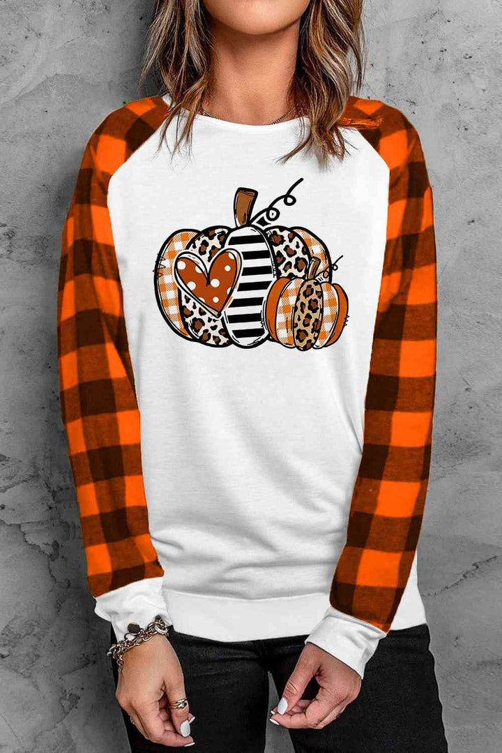 Pumpkin Graphic Round Neck Long Plaid Sleeve Tee | 1mrk.com