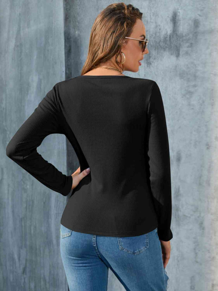 Buttoned Round Neck Long Sleeve T-Shirt | 1mrk.com