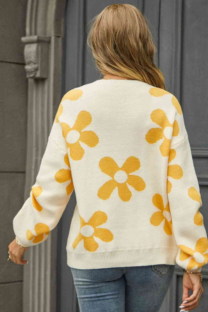 Floral Print Round Neck Dropped Shoulder Pullover Sweater |1mrk.com