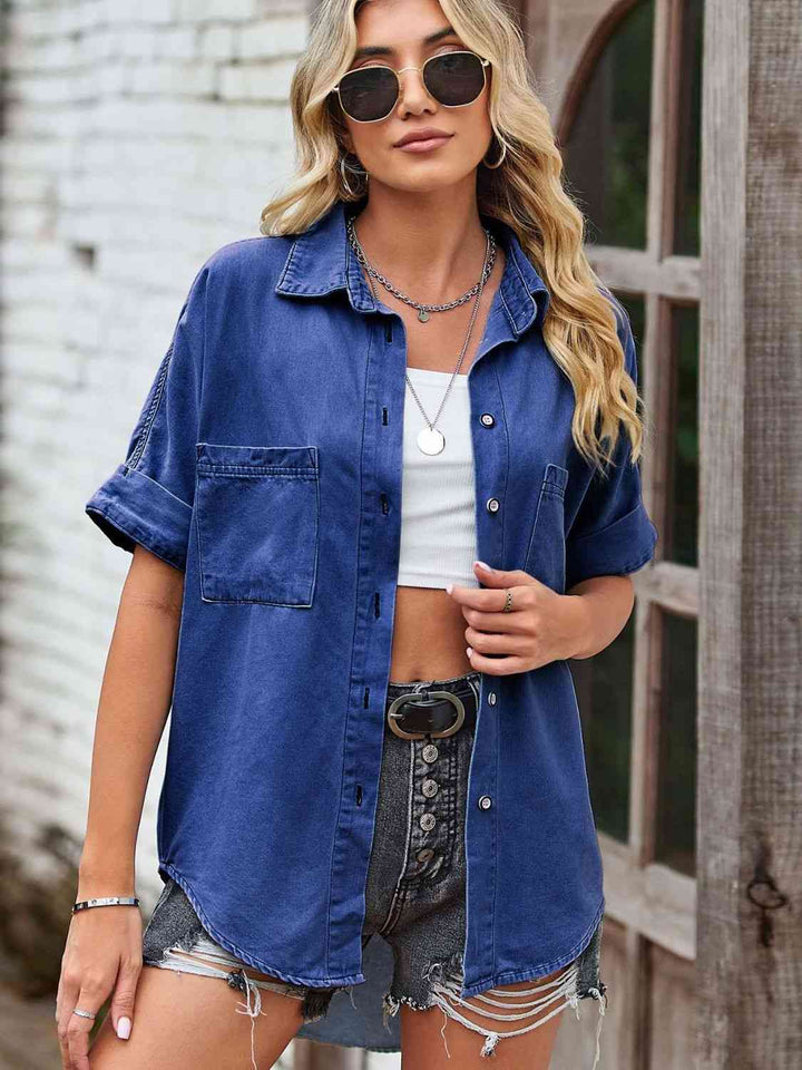 Collared Neck Denim Jacket with Pockets | 1mrk.com