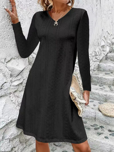 Eyelet V-Neck Long Sleeve Mini Dress |1mrk.com