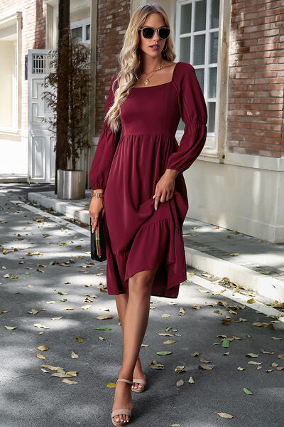 Square Neck Balloon Sleeve Midi Dress |1mrk.com