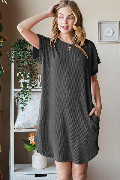 Heimish Full Size Ribbed Round Neck Short Sleeve Tee Dress |1mrk.com