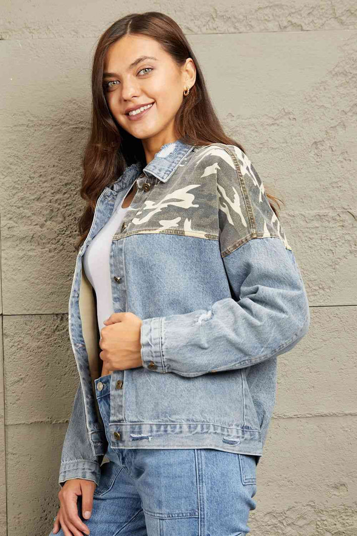 GeeGee Full Size Washed Denim Camo Contrast Jacket | 1mrk.com