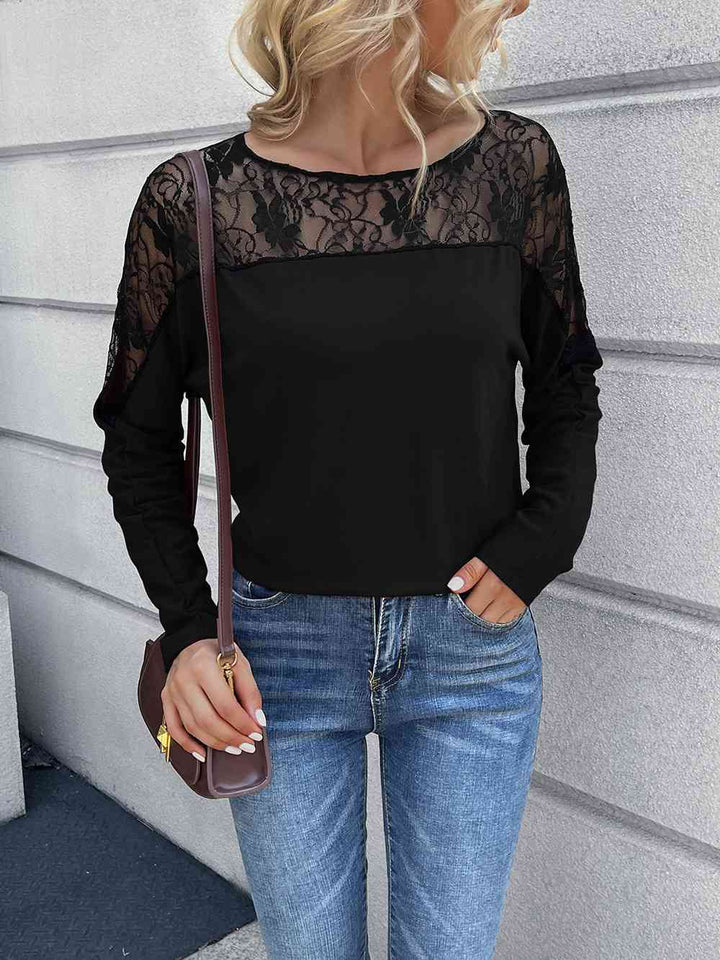 Lace Long Sleeve Round Neck Tee | 1mrk.com