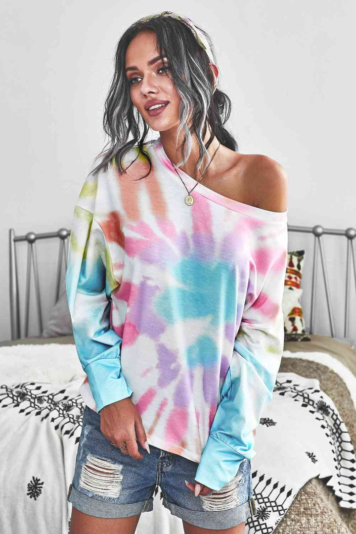 Tie-Dye Boat Neck Batwing Sleeve Tee |1mrk.com