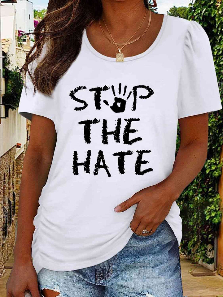 Round Neck Short Sleeve STOP THE HATE Graphic T-Shirt | 1mrk.com