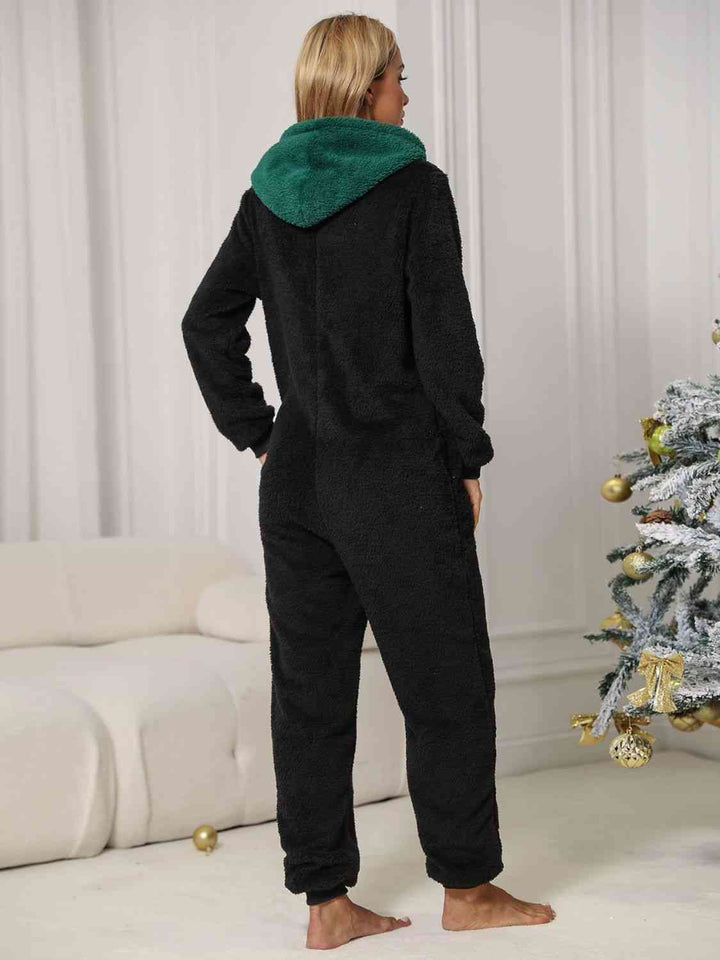 Pom-Pom Trim Zip Front Hooded Lounge Jumpsuit | 1mrk.com