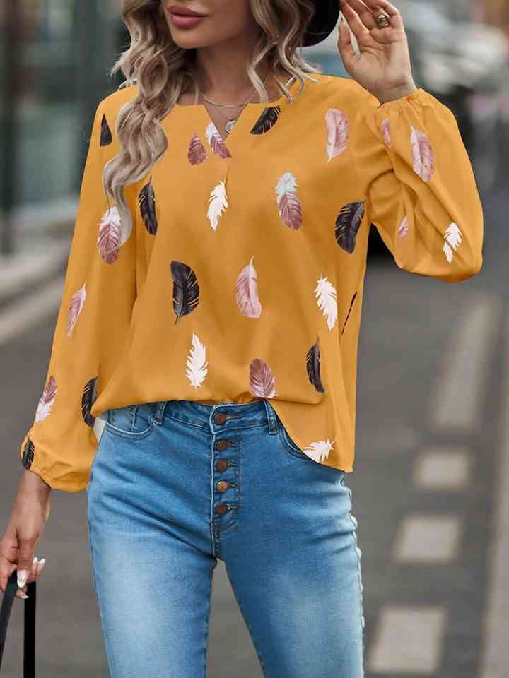 Printed Notched Neck Long Sleeve Blouse | 1mrk.com