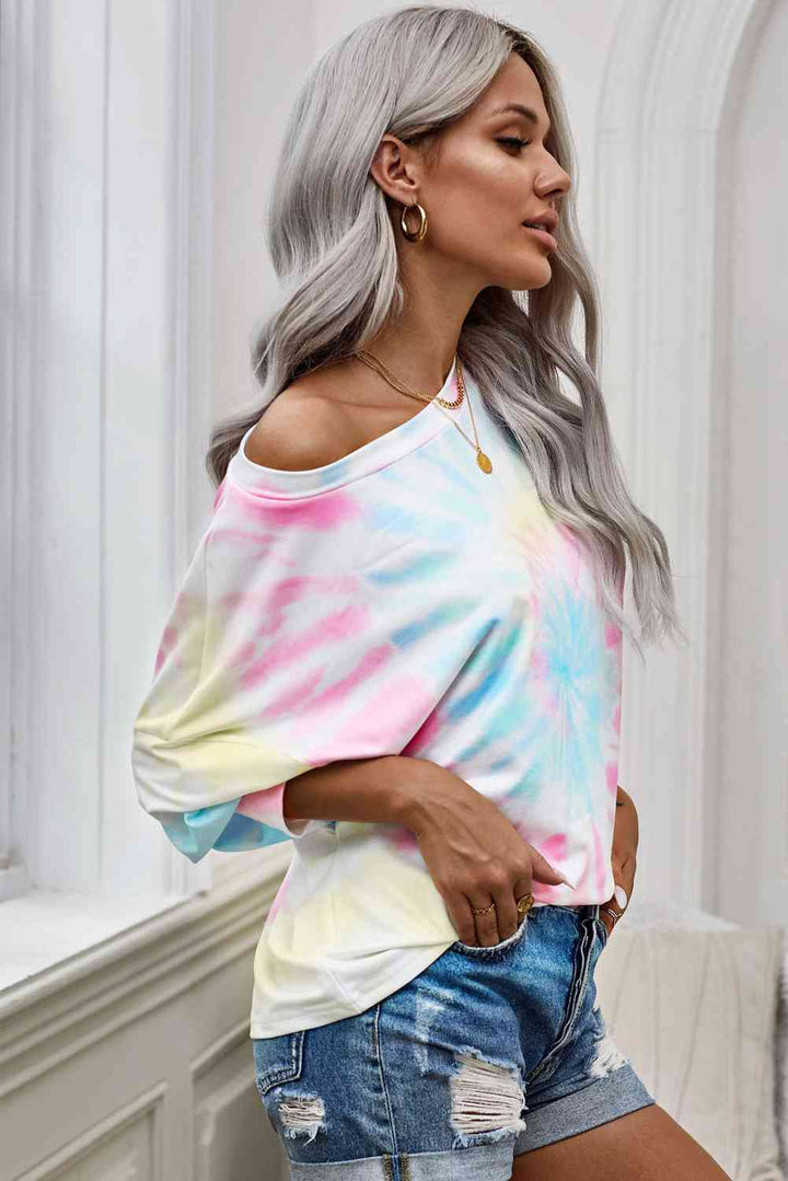 Tie-Dye Boat Neck Batwing Sleeve Tee |1mrk.com