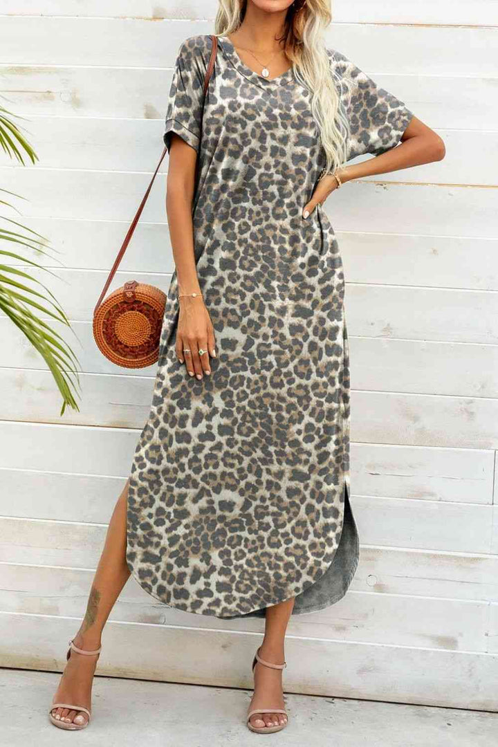 Printed V-Neck Curved Hem Dress |1mrk.com