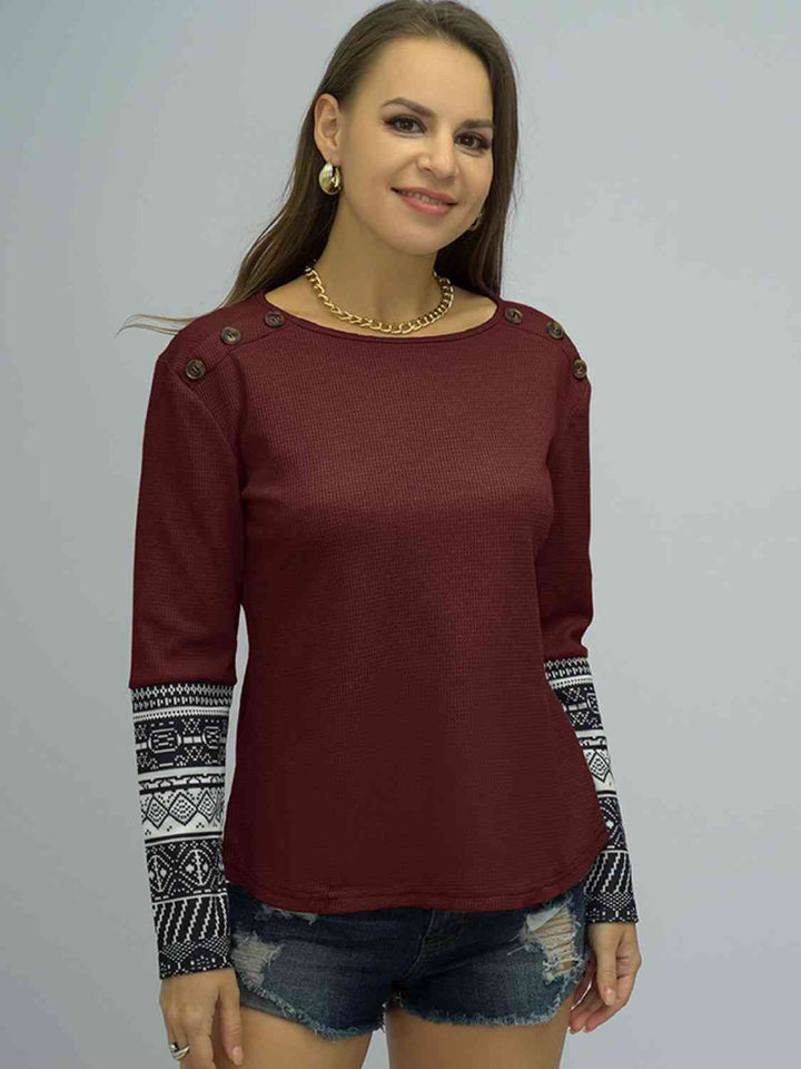 Buttoned Round Neck Long Printed Sleeve Tee | 1mrk.com