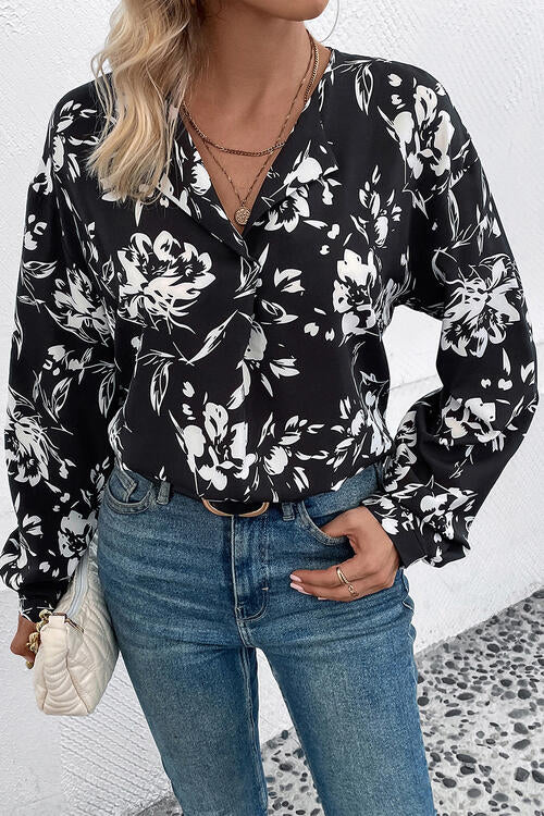 Floral Collared Neck Long Sleeve Top | 1mrk.com