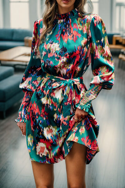 Printed Tied Lantern Sleeve Mini Dress |1mrk.com