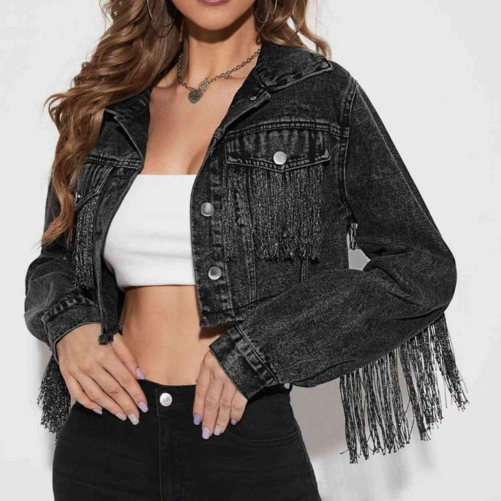 Fringe Detail Long Sleeve Cropped Denim Jacket | 1mrk.com