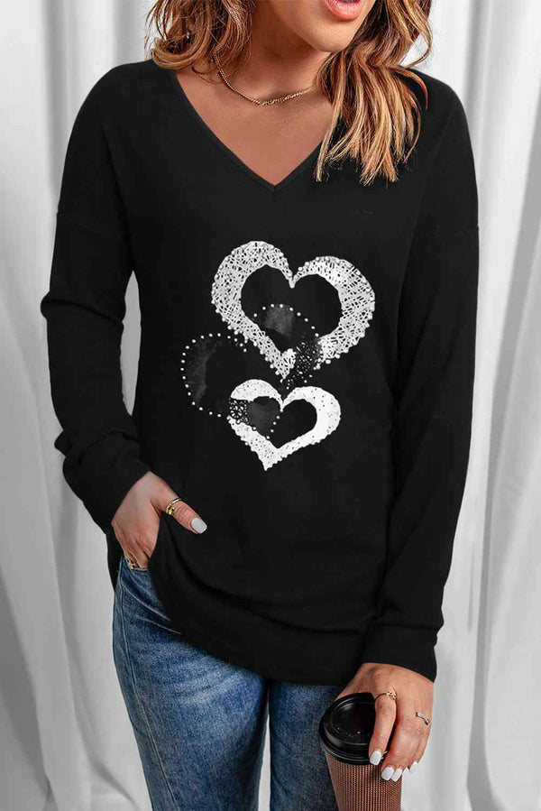 Heart Contrast V-Neck Long Sleeve Tee | 1mrk.com