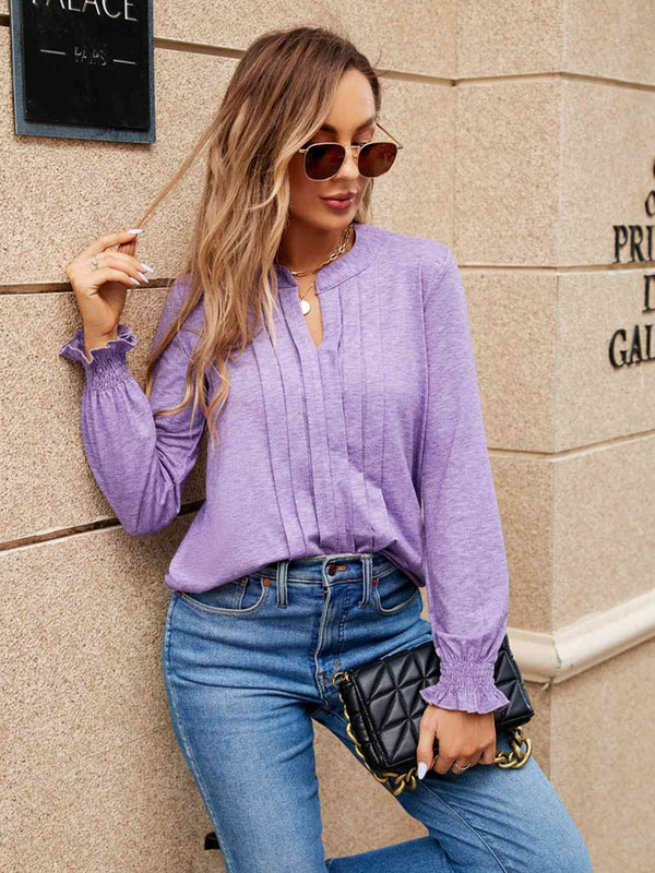 Pleated Notched Neck Flounce Sleeve Blouse | 1mrk.com