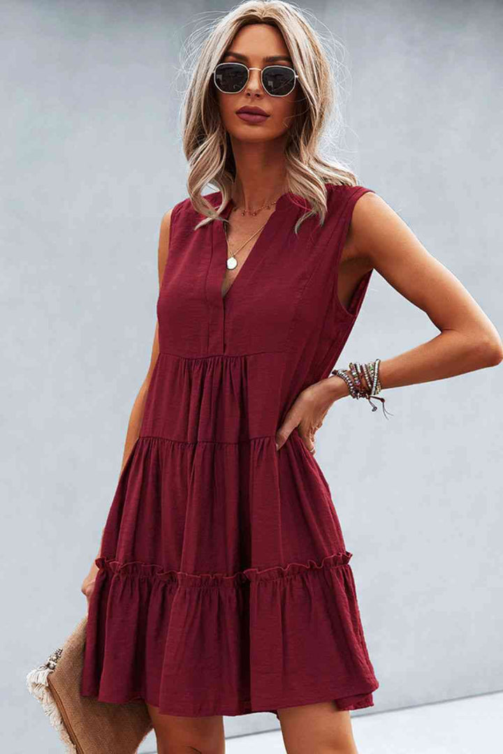 Frill Trim Notched Sleeveless Tiered Dress |1mrk.com