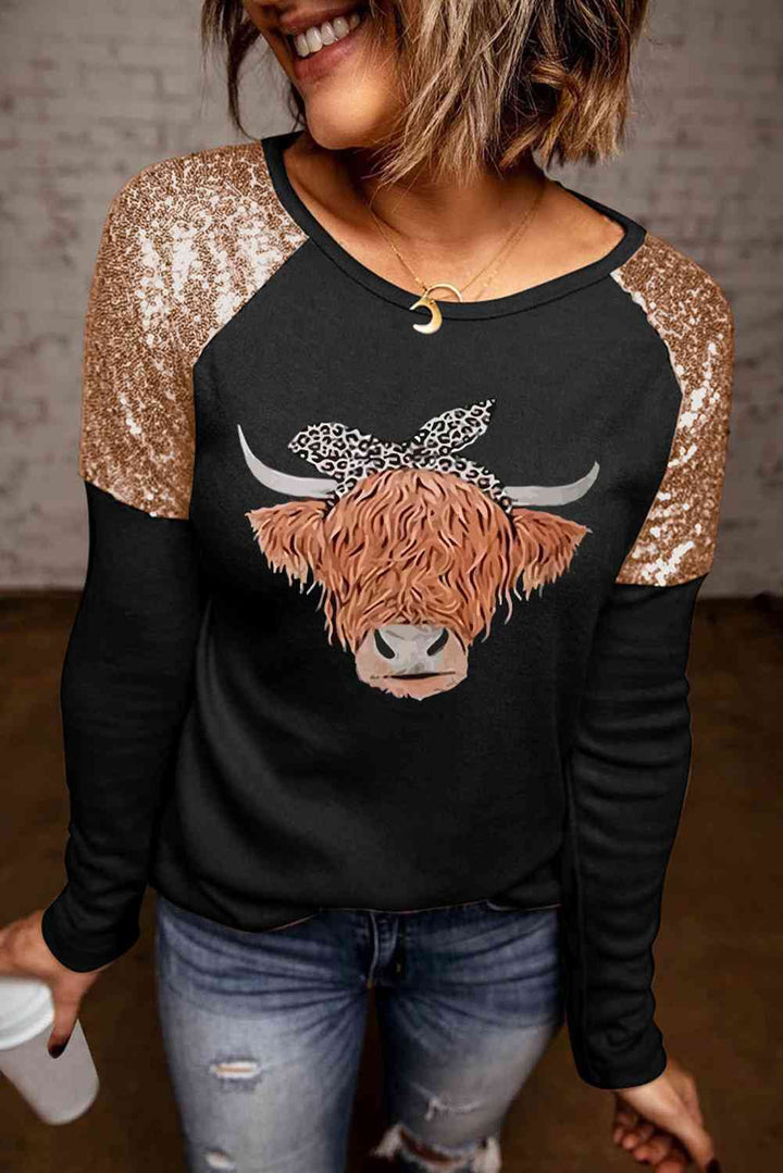 Contrast Sequin Animal Graphic Round Neck Top | 1mrk.com