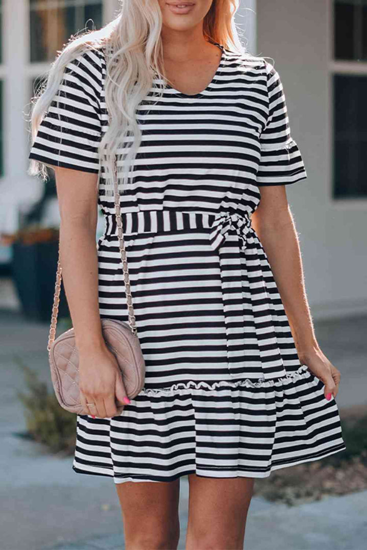 Striped Tie-Waist Frill Trim V-Neck Dress |1mrk.com