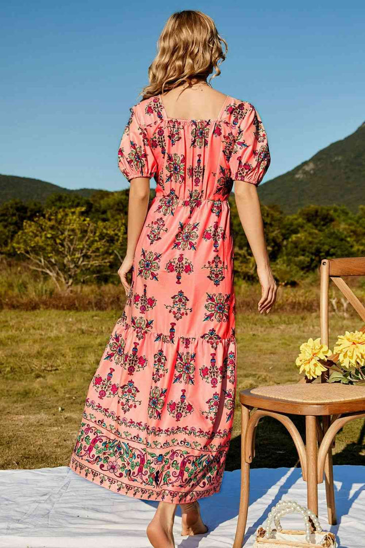 Floral Ruched Puff Sleeve Tiered Maxi Dress | 1mrk.com