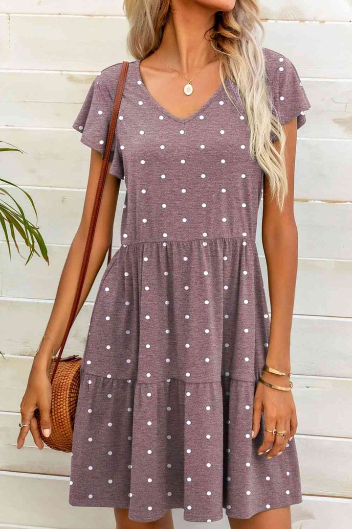 Polka Dot V-Neck Flutter Sleeve Mini Dress |1mrk.com