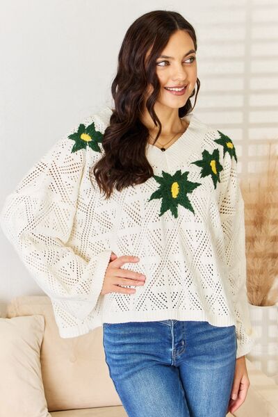 POL Floral Embroidered Pattern V-Neck Sweater |1mrk.com