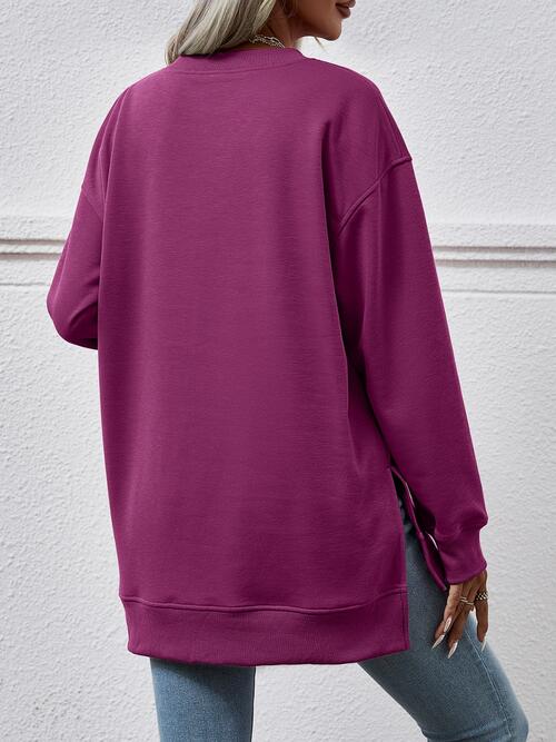 V-Neck Slit Long Sleeve Sweatshirt |1mrk.com
