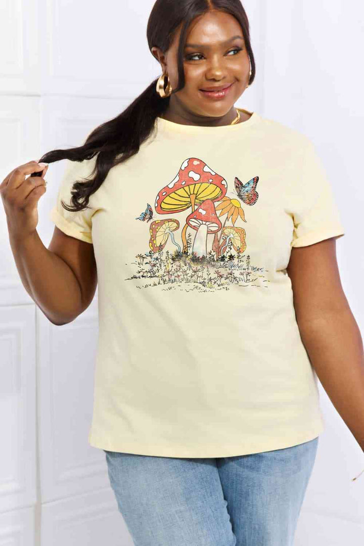 Simply Love Full Size Mushroom & Butterfly Graphic Cotton T-Shirt | 1mrk.com